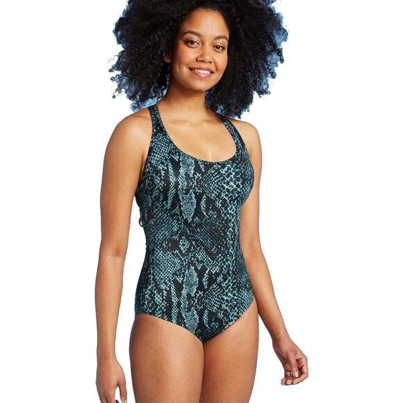 All in Motion Tie Back One Piece Swimsuit Teal Snake Printed Green Blue Medium - Picture 1 of 10